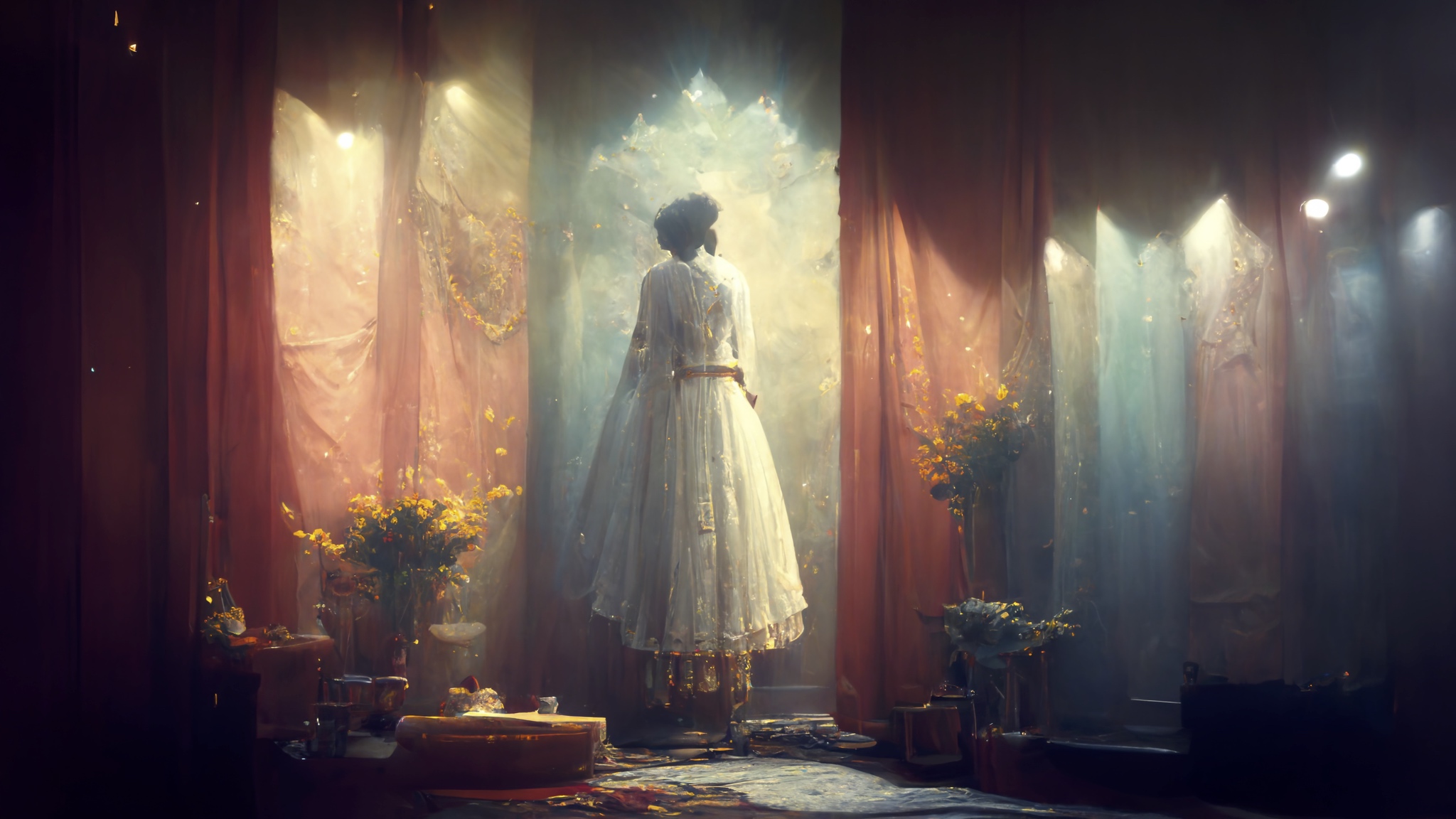 Renderman A beautiful woman in a white dress standing between t 03876bb3 a248 4269 9c8a 44e9f5cde8c4