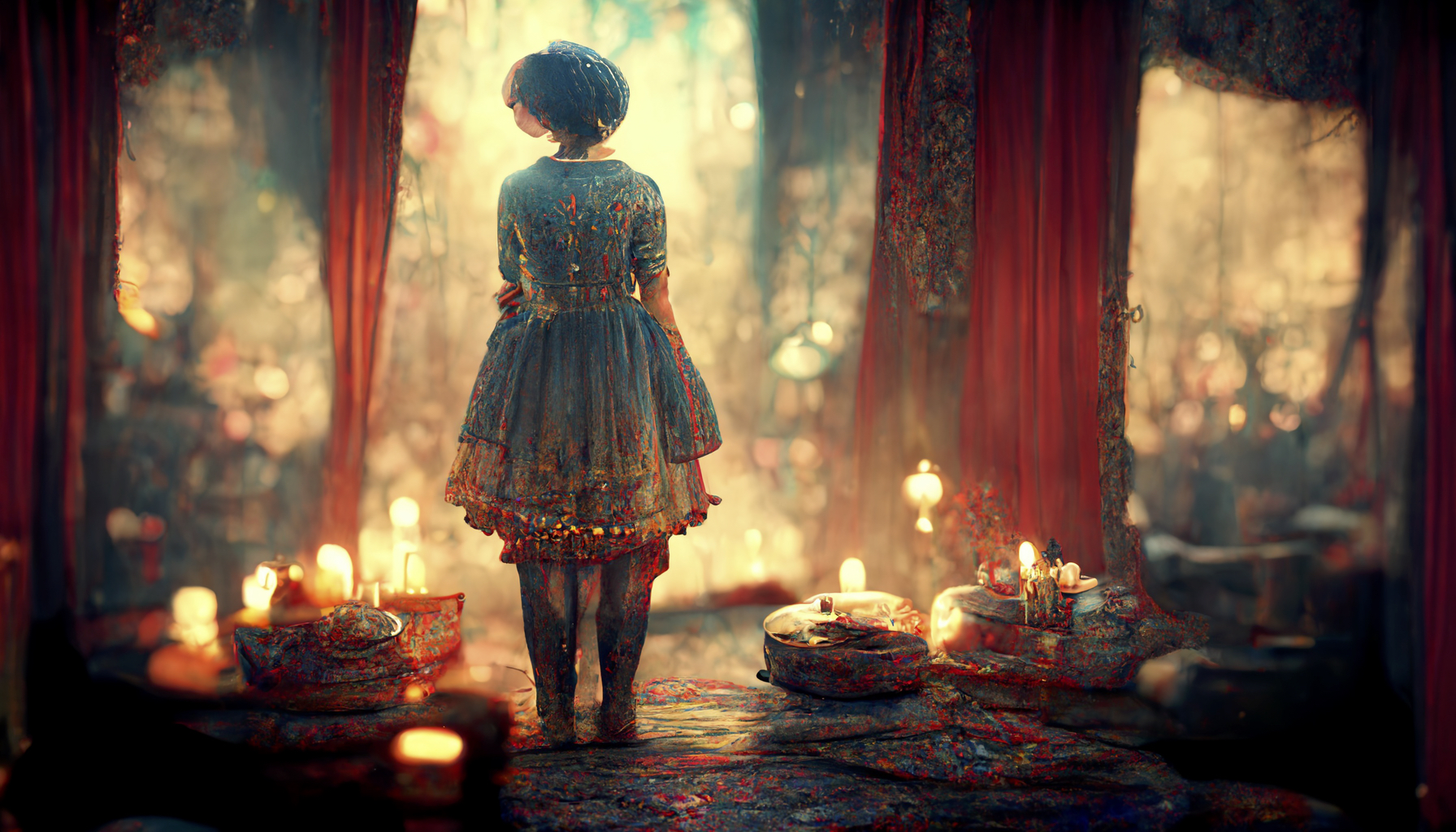 Renderman A beautiful woman sitting on a wooden stool between t 688492a8 6d8e 4605 9873 550790391b2c