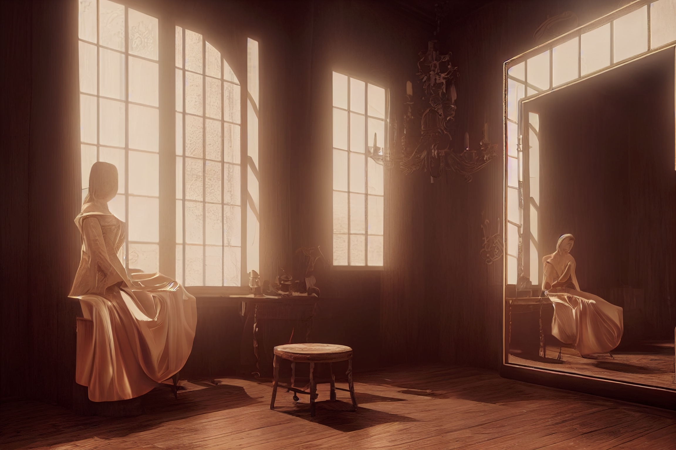 Renderman A beautiful woman sitting on a wooden stool between t be9214a7 8cd8 4668 8372 74f13e1e4201