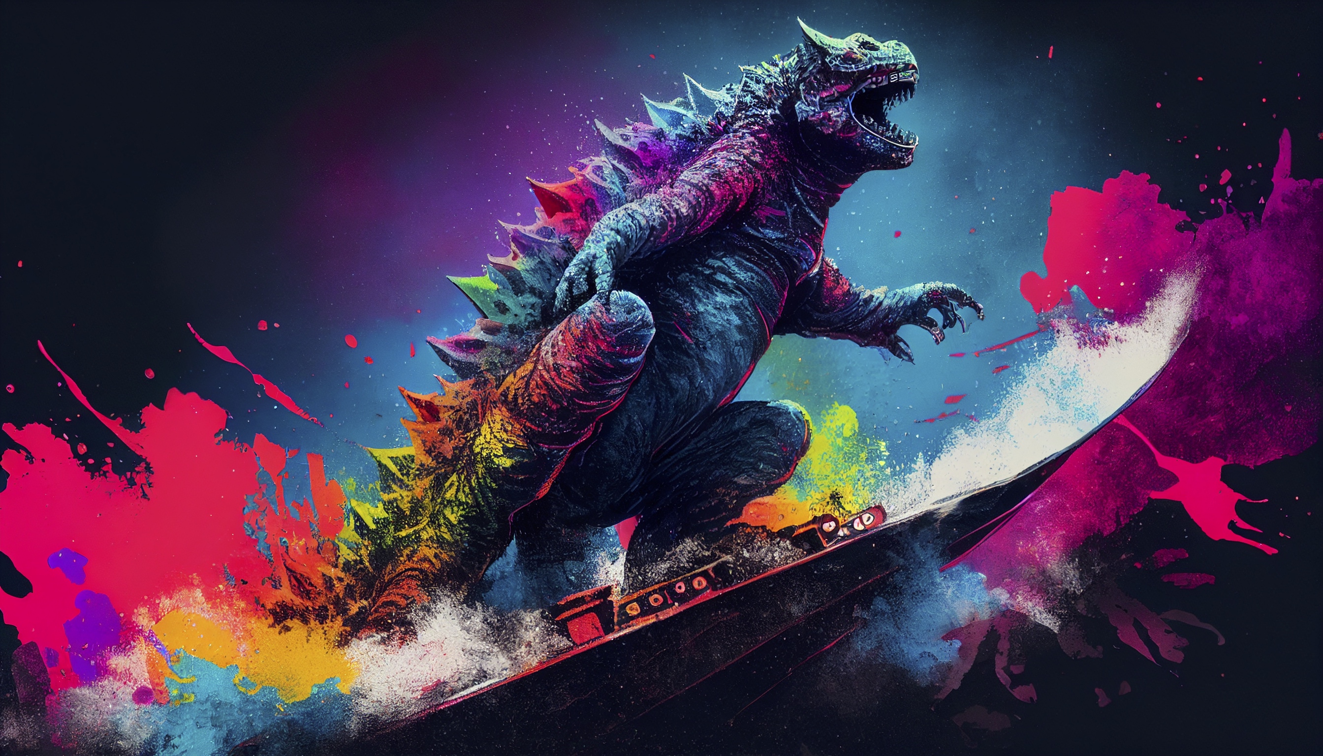 Renderman Godzilla snowboarding in brilliant colors unsplash 8d03d9a1 3df2 4981 904e 2f98778b4ec6