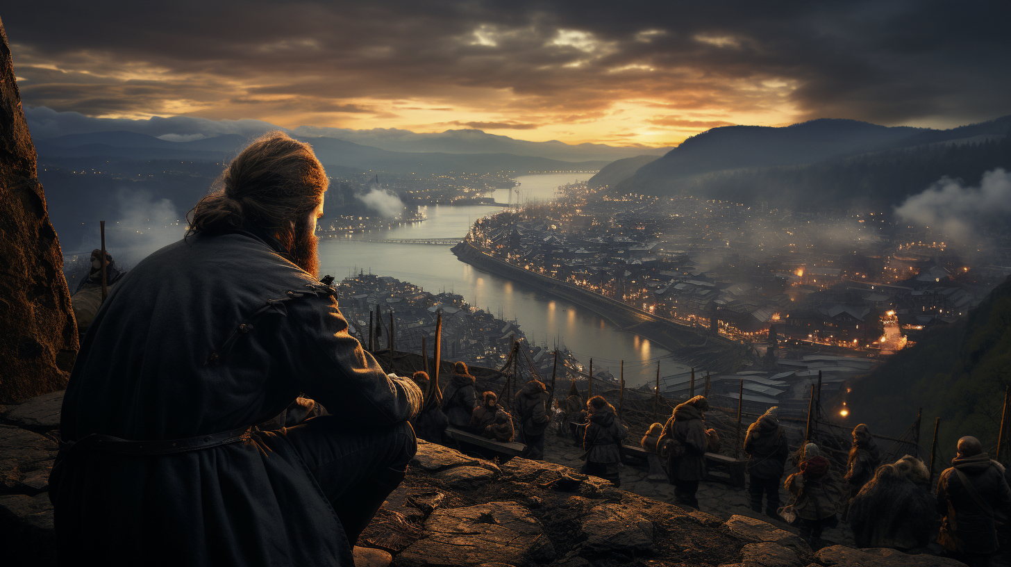Renderman A band of vikings overlook a harbor from atop a hil 6e5e0f24 b7e4 4d5b a2b6 898786bf0de0 3