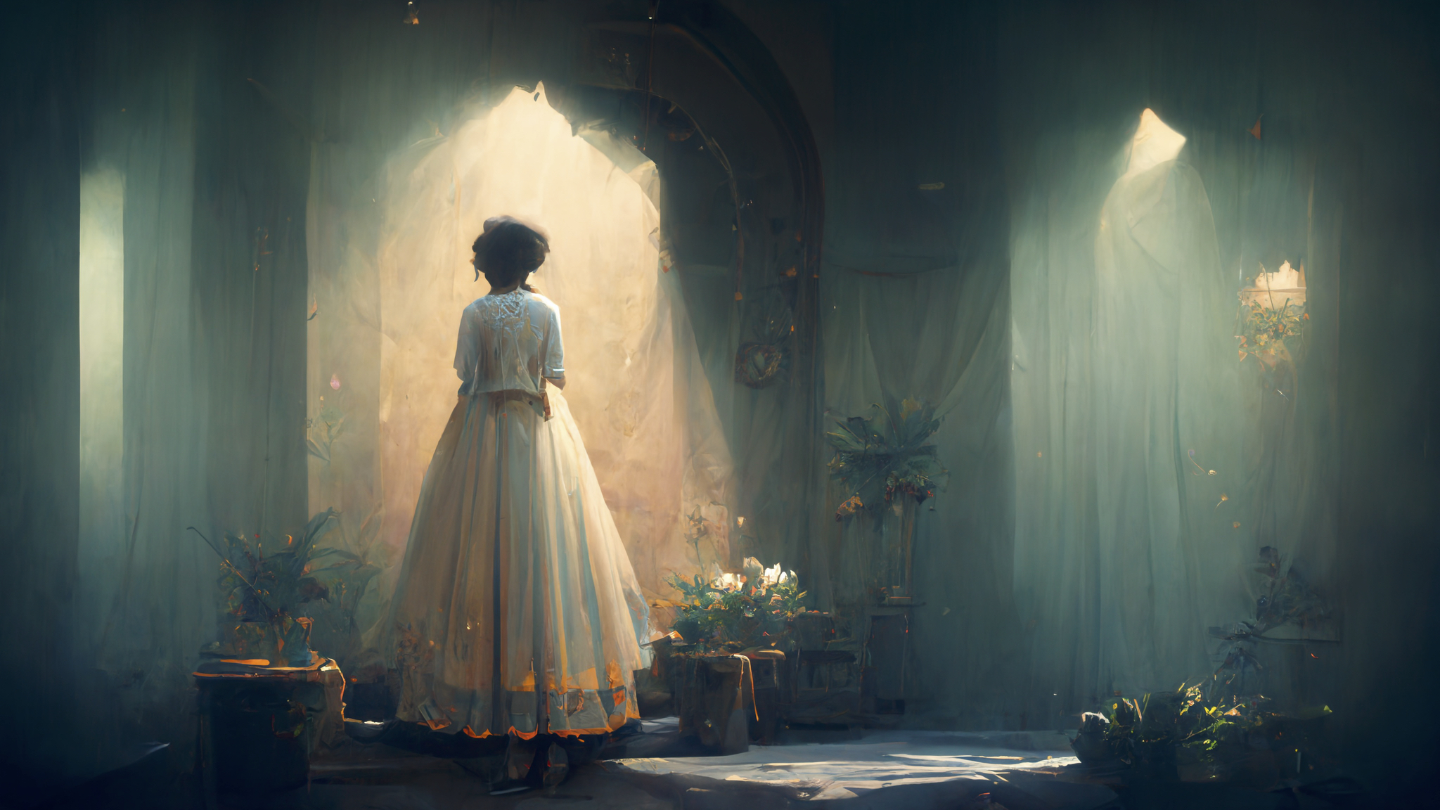 Renderman A beautiful woman in a white dress standing between 7cbaeb54 c65b 456b 8974 257d97ad592f 0