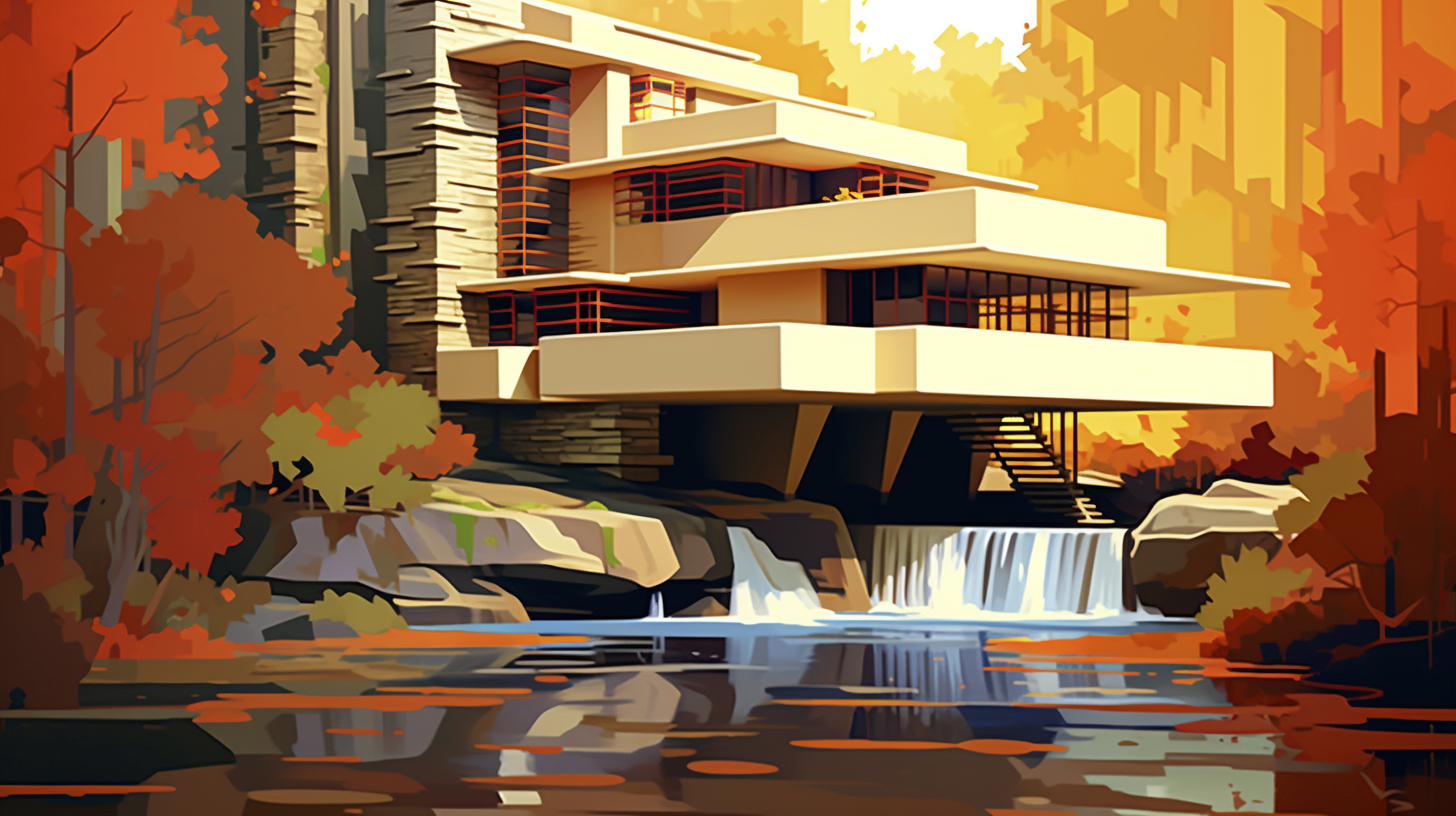 Renderman Abstract graphic of Frank Lloyd Wrights Falling Water 42b23574 f3eb 48cf b9f3 269400299446