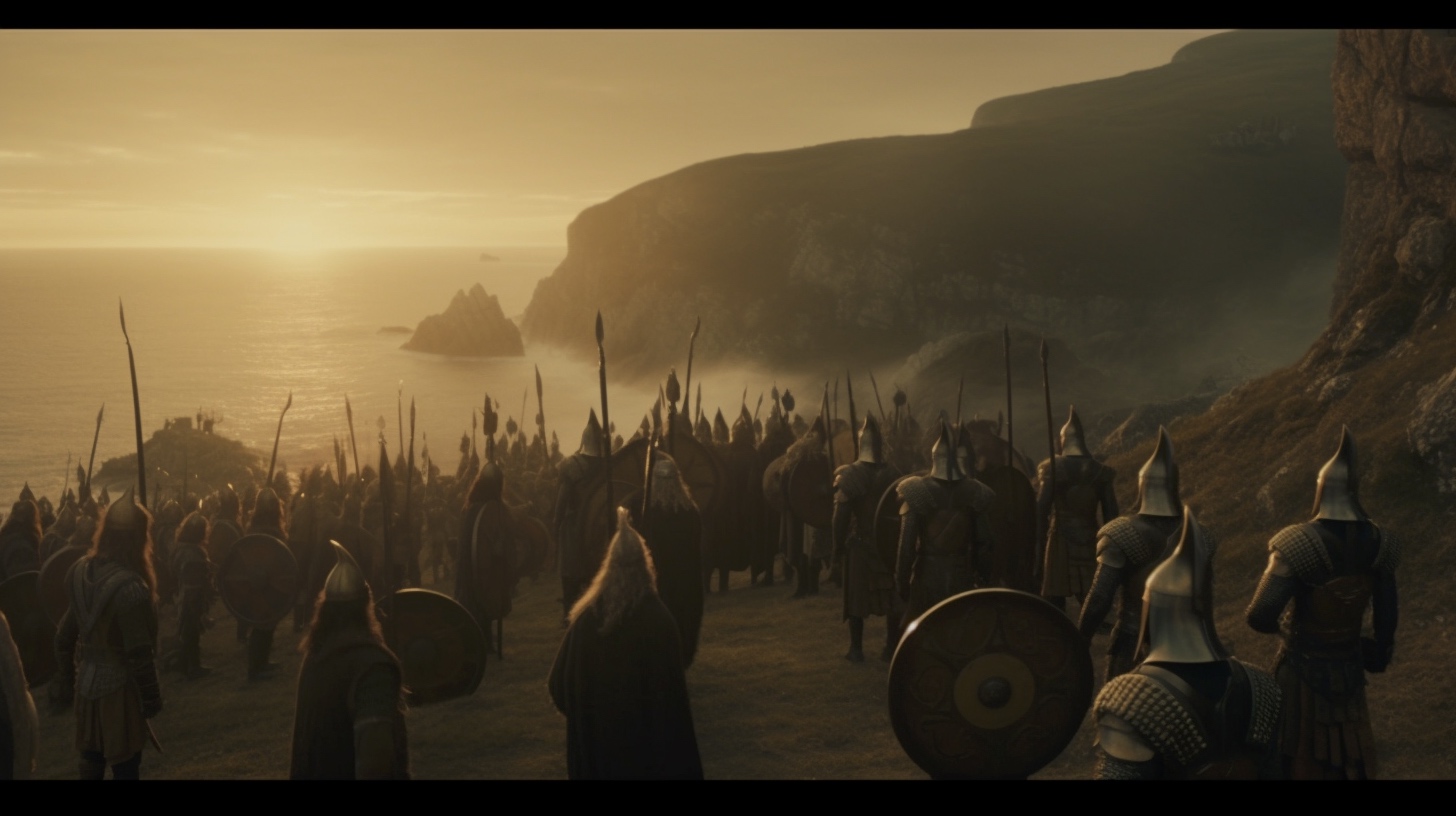 Renderman Cinematic still of a band of vikings standing atop  81b56782 945c 4961 8151 6cefb646515d 0