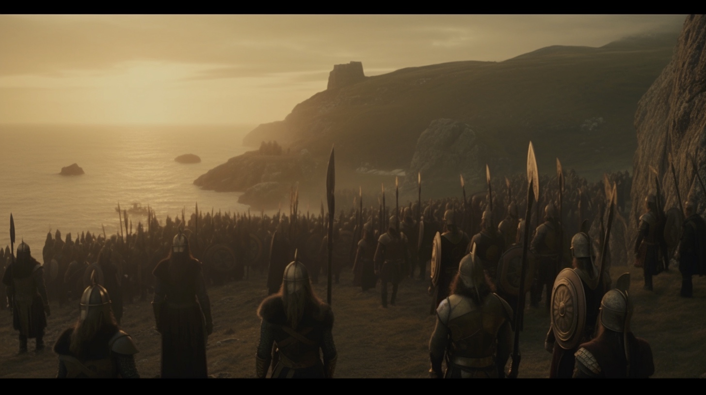 Renderman Cinematic still of a band of vikings standing atop  81b56782 945c 4961 8151 6cefb646515d 2
