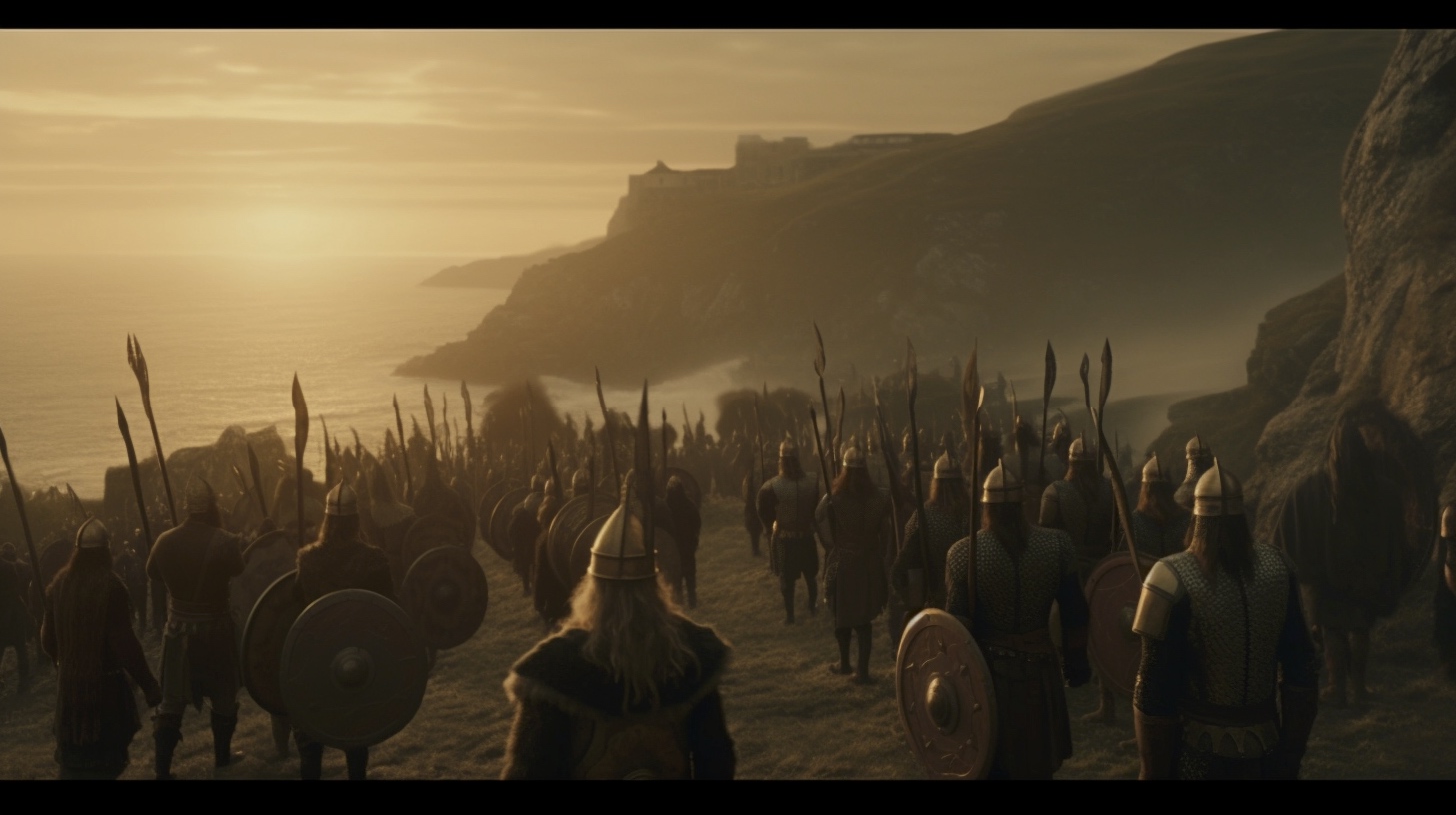 Renderman Cinematic still of a band of vikings standing atop  81b56782 945c 4961 8151 6cefb646515d 3