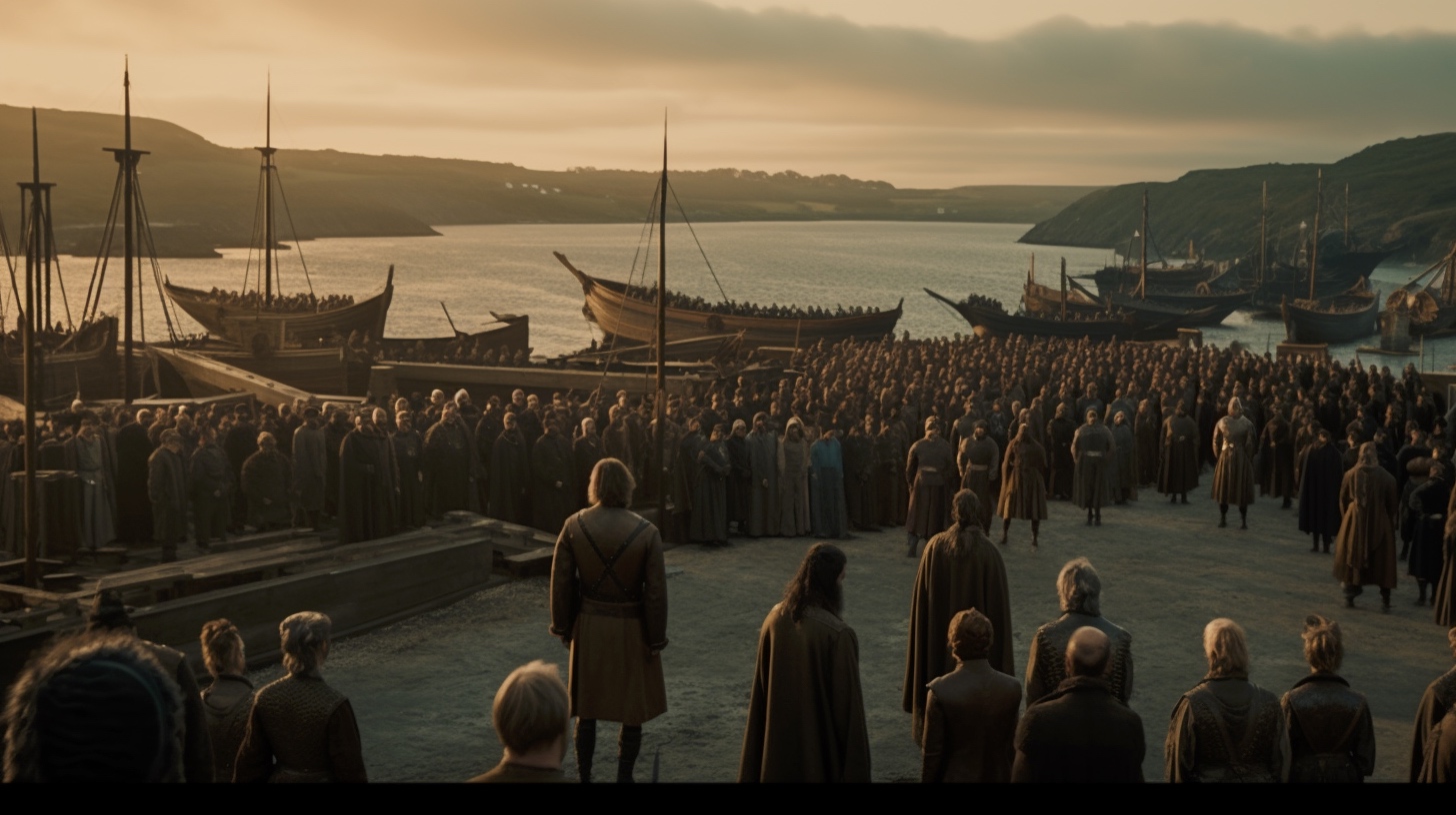 Renderman Cinematic still of a band of vikings standing atop  855a19a0 5429 4b7b 9dfe 395f4326539f 2