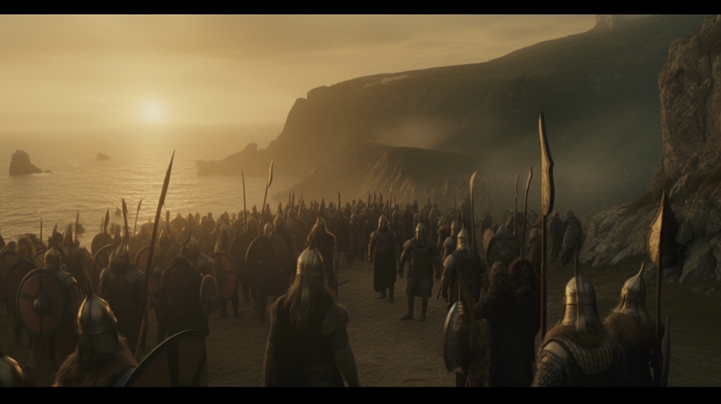 Renderman Cinematic still of a band of vikings standing atop  855a19a0 5429 4b7b 9dfe 395f4326539f 3