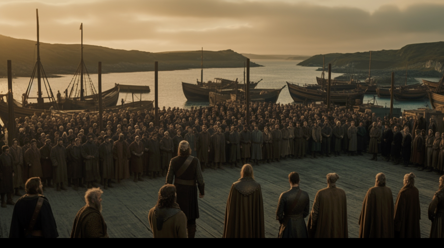 Renderman Cinematic still of a band of vikings standing atop  9f9ead90 f910 4318 9734 d88e4c3b3003 0