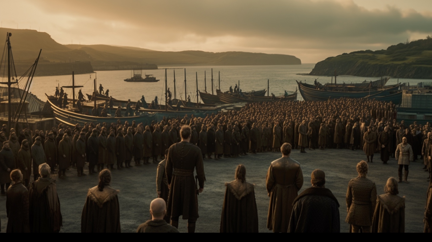 Renderman Cinematic still of a band of vikings standing atop  9f9ead90 f910 4318 9734 d88e4c3b3003 1