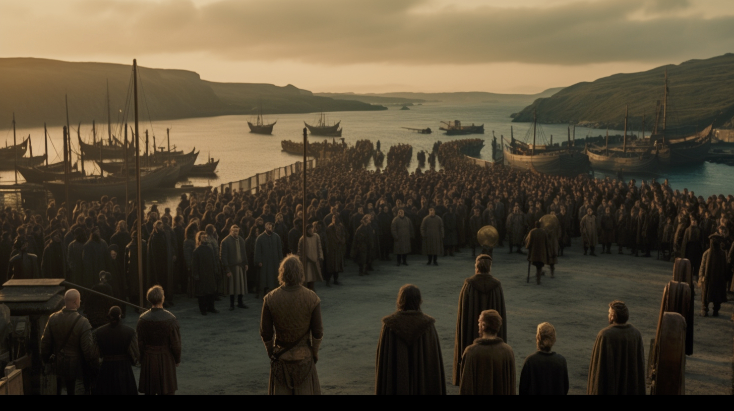 Renderman Cinematic still of a band of vikings standing atop  9f9ead90 f910 4318 9734 d88e4c3b3003 2
