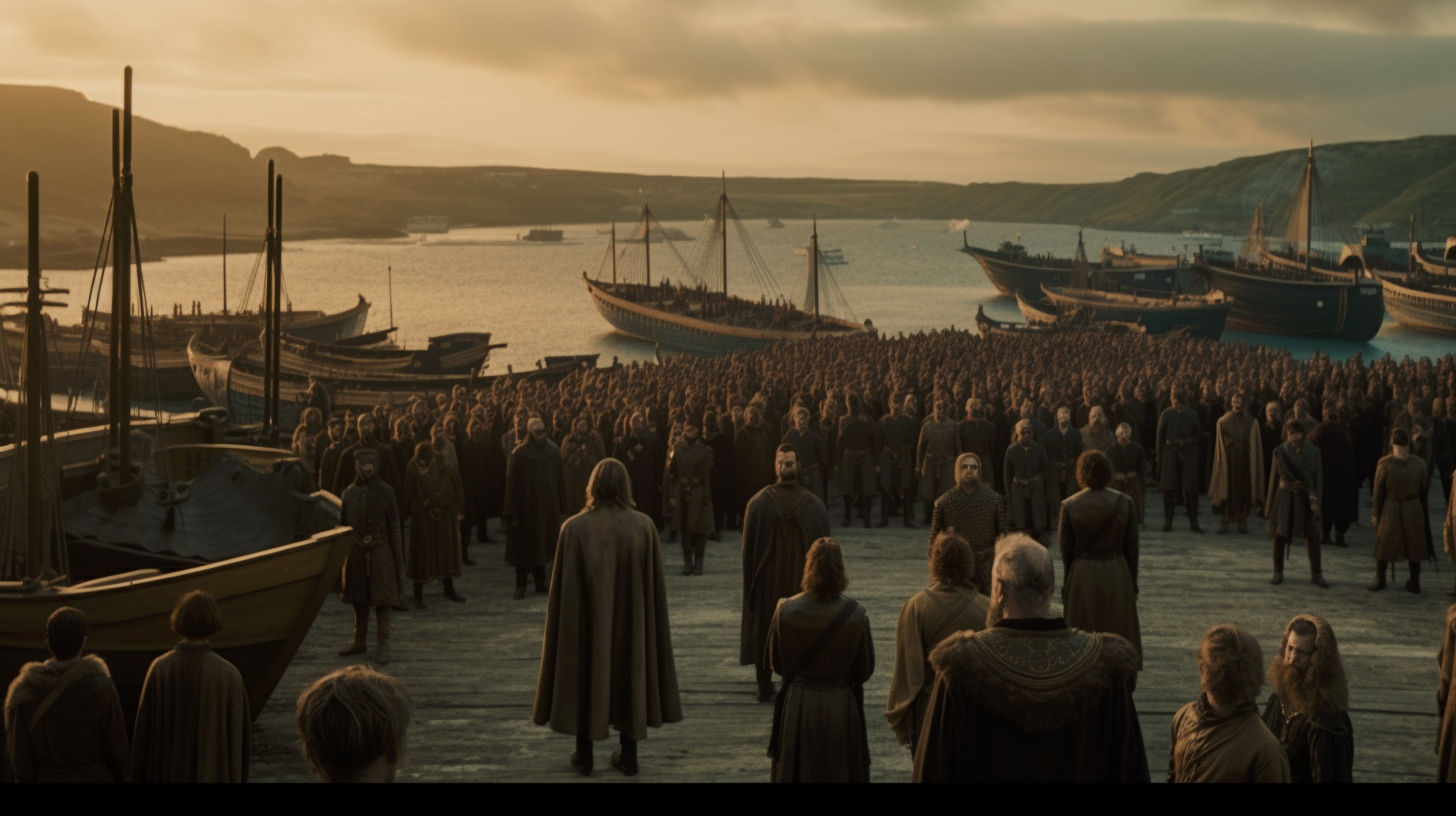 Renderman Cinematic still of a band of vikings standing atop  9f9ead90 f910 4318 9734 d88e4c3b3003 3