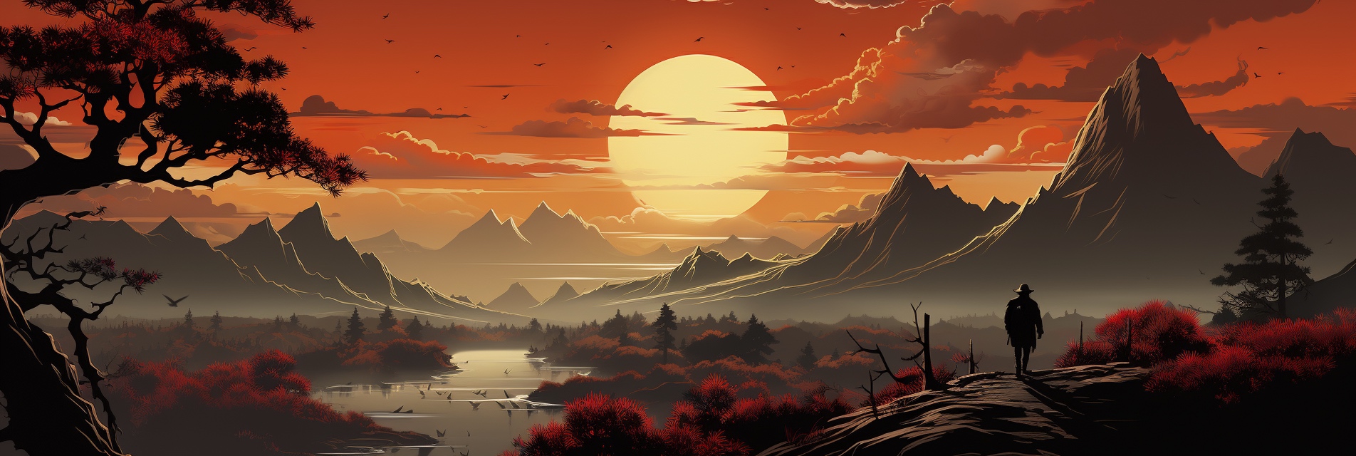Renderman Detailed graphic of a cowboy facing a firey sunset  745cf16b c1c9 4d7d 9112 9fde6cf4c159 2