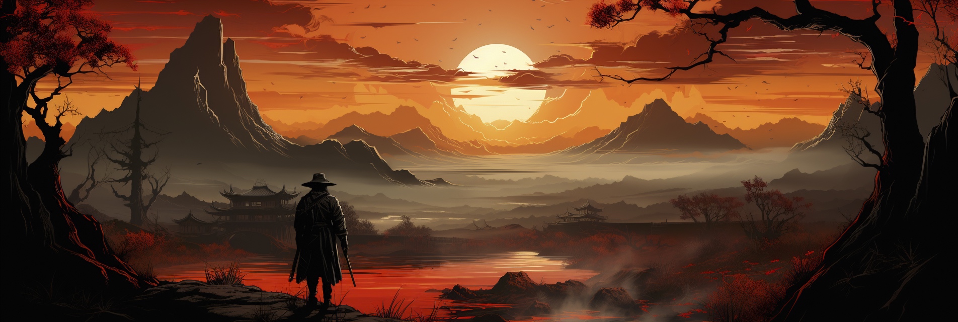 Renderman Detailed graphic of a cowboy facing a firey sunset on 27ef77e3 8010 45fb b35b 316da50256a3