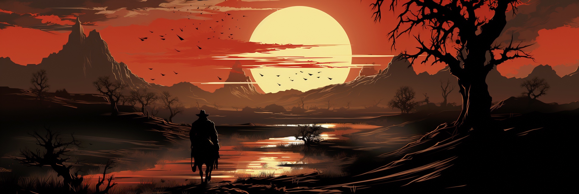 Renderman Detailed graphic of a cowboy facing the sunset hold 14dcb957 e526 45a5 9914 9e5244c0d0af 1