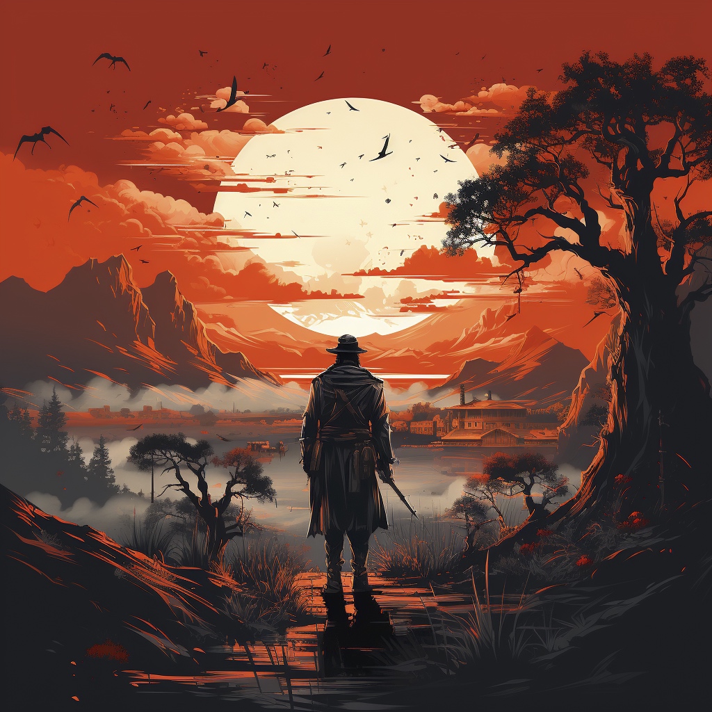 Renderman Detailed graphic of a cowboy facing the sunset hold 64f27c77 6283 4cec b25f 3798fcf6cce0 2