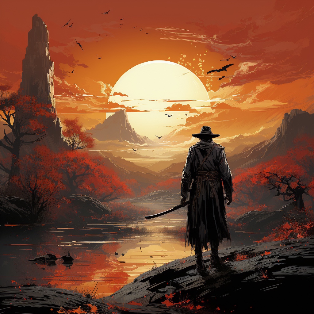 Renderman Detailed graphic of a cowboy facing the sunset hold 64f27c77 6283 4cec b25f 3798fcf6cce0 3