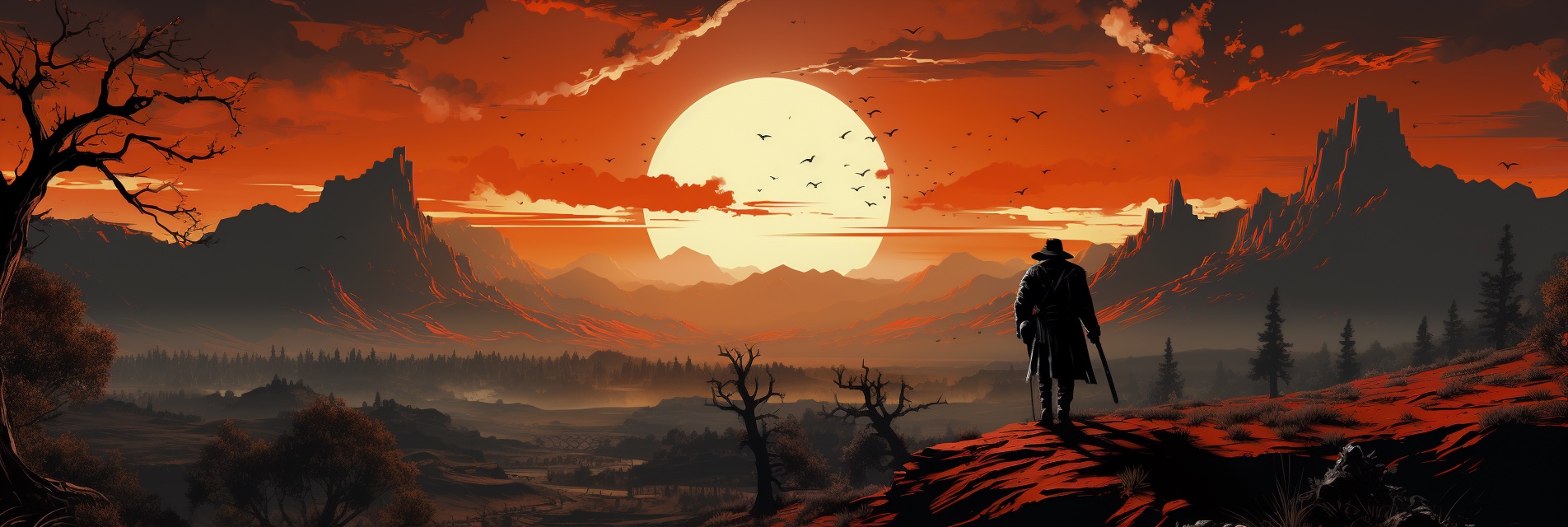 Renderman Detailed graphic of a cowboy facing the sunset holdin 279fc9ac 5b2f 45e1 91a7 f07f55b3dead