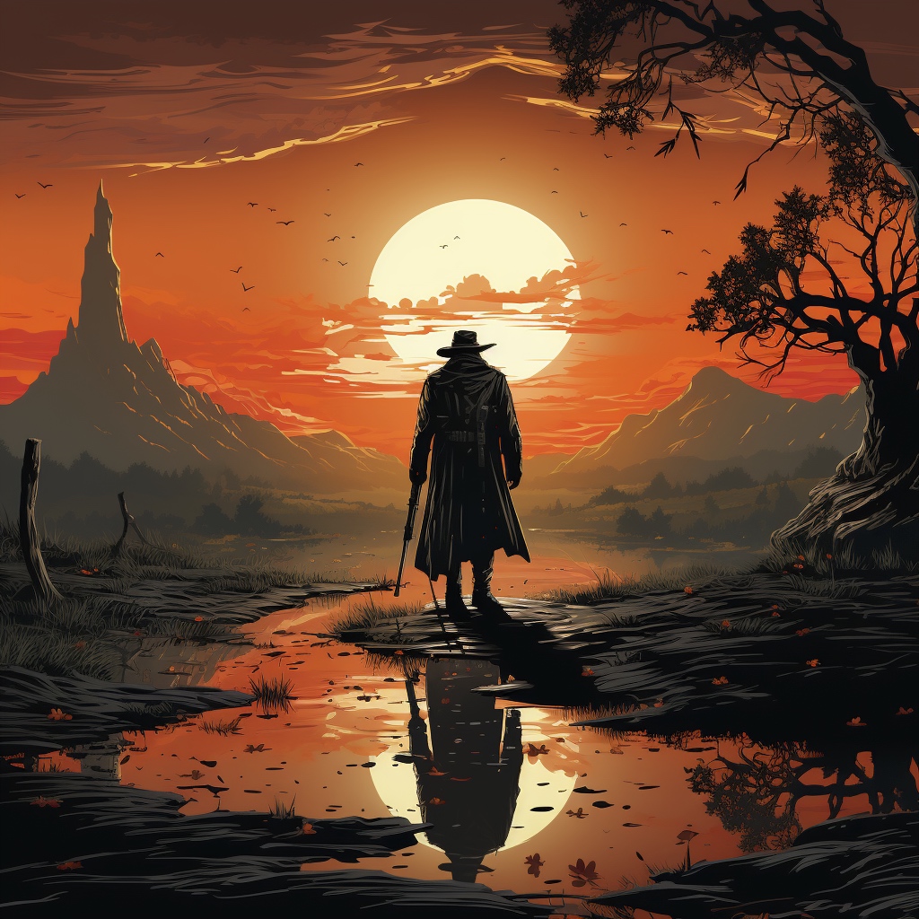 Renderman Detailed graphic of a cowboy facing the sunset holdin 99ec454f 747b 42b8 bd8d 0939caacb6a7