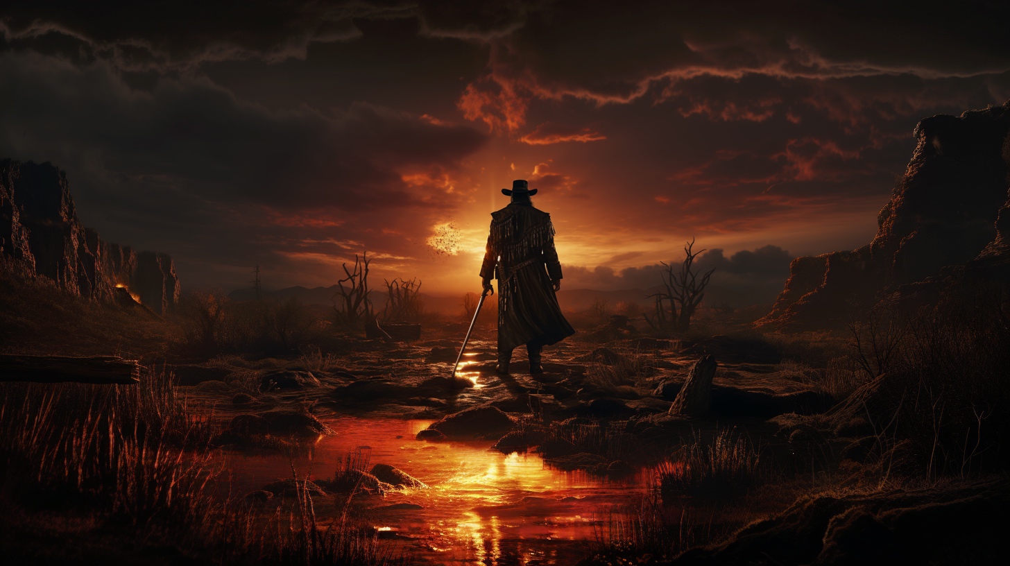 Renderman Detailed photo of a cowboy holding a samurai sword  c954ca02 d063 47ad b21f a1086736eb7b 3