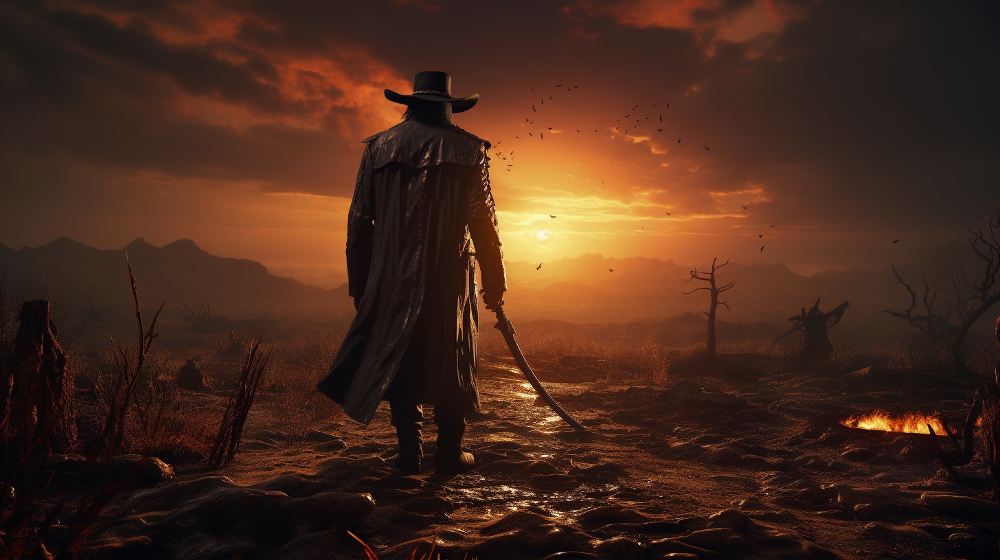 Renderman Detailed photo of a cowboy holding a samurai sword in e9cb67c4 f0b1 45c0 b742 e96fbe287796