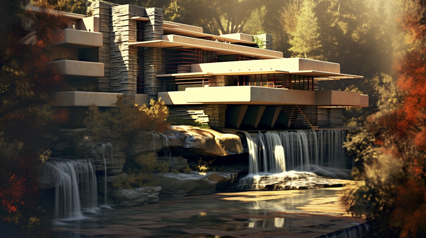 Renderman Frank Lloyd Wrights Falling Water in the style of t 342685b5 7d4d 483c aaa6 d558e80967af 3