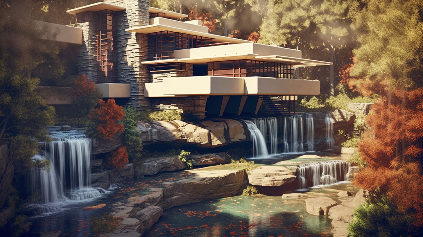 Renderman Frank Lloyd Wrights Falling Water in the style of the 086d5644 cf2c 4b55 948b f2782c345e87