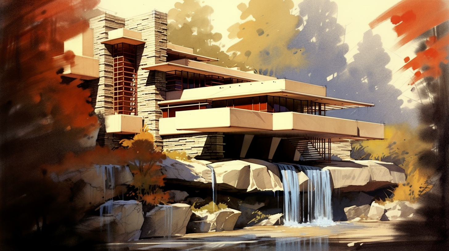 Renderman Frank Lloyd Wrights Falling Water in the style of the 5833f193 3233 4c35 899f 409236218a30