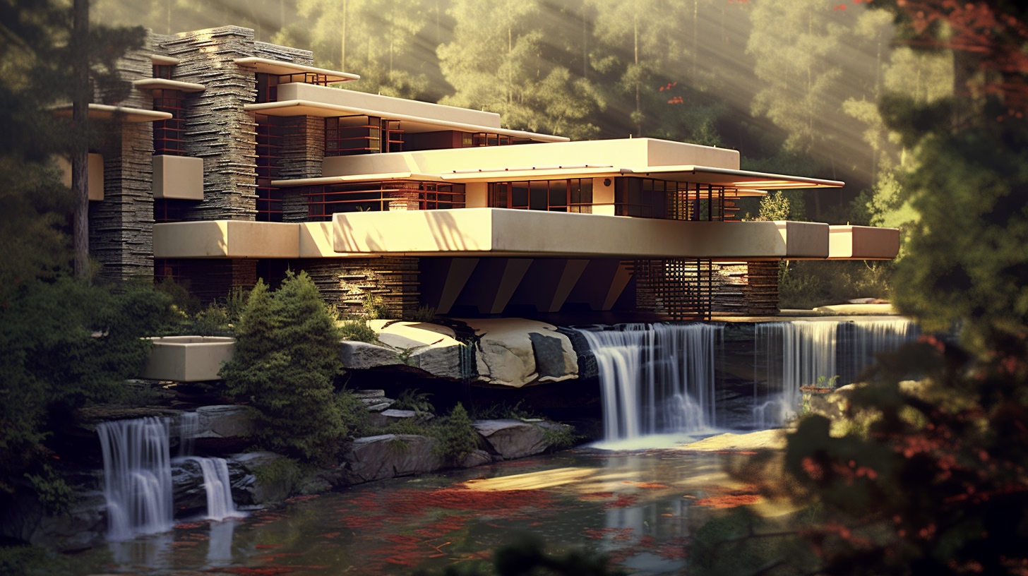 Renderman Frank Lloyd Wrights Falling Water in the style of the adccf834 0124 4ac9 b30f 90527e7b5b01
