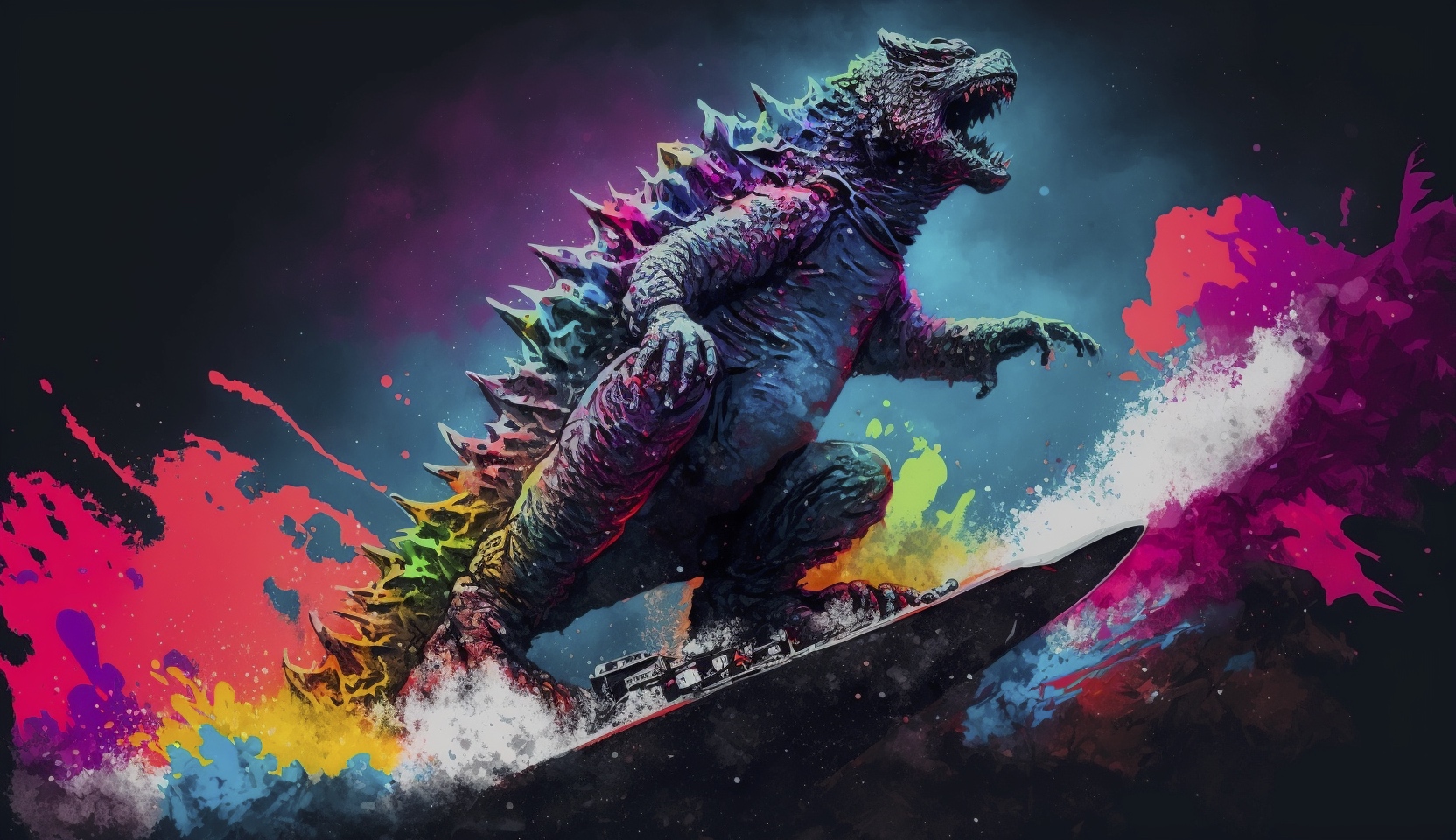 Renderman Godzilla snowboarding in brilliant colors unsplash    08805be4 4b45 4e21 86ef bda1a8f666ef