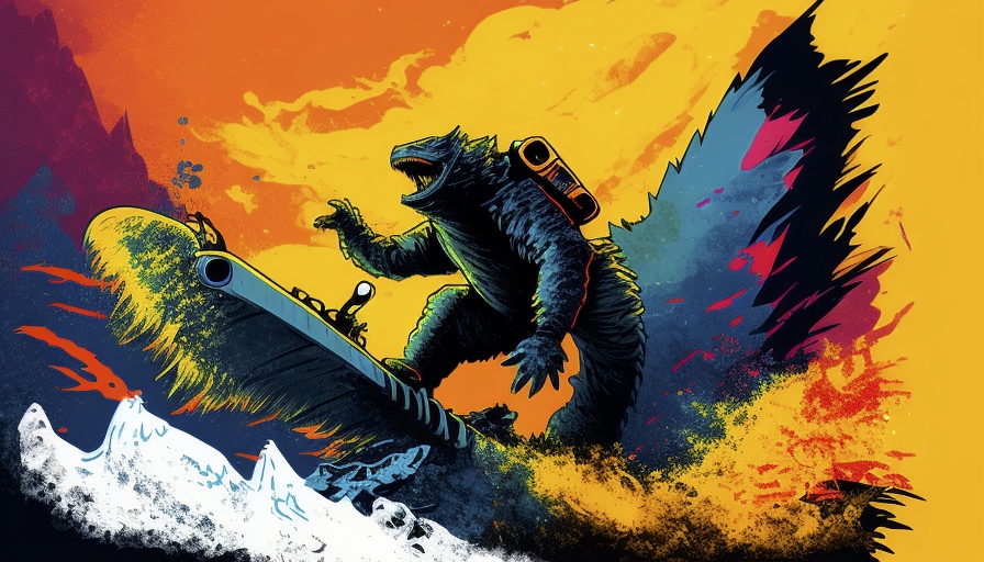 Renderman Godzilla snowboarding in brilliant colors unsplash  c125b13f eda6 49c3 b1b4 d82227dc3d06 3
