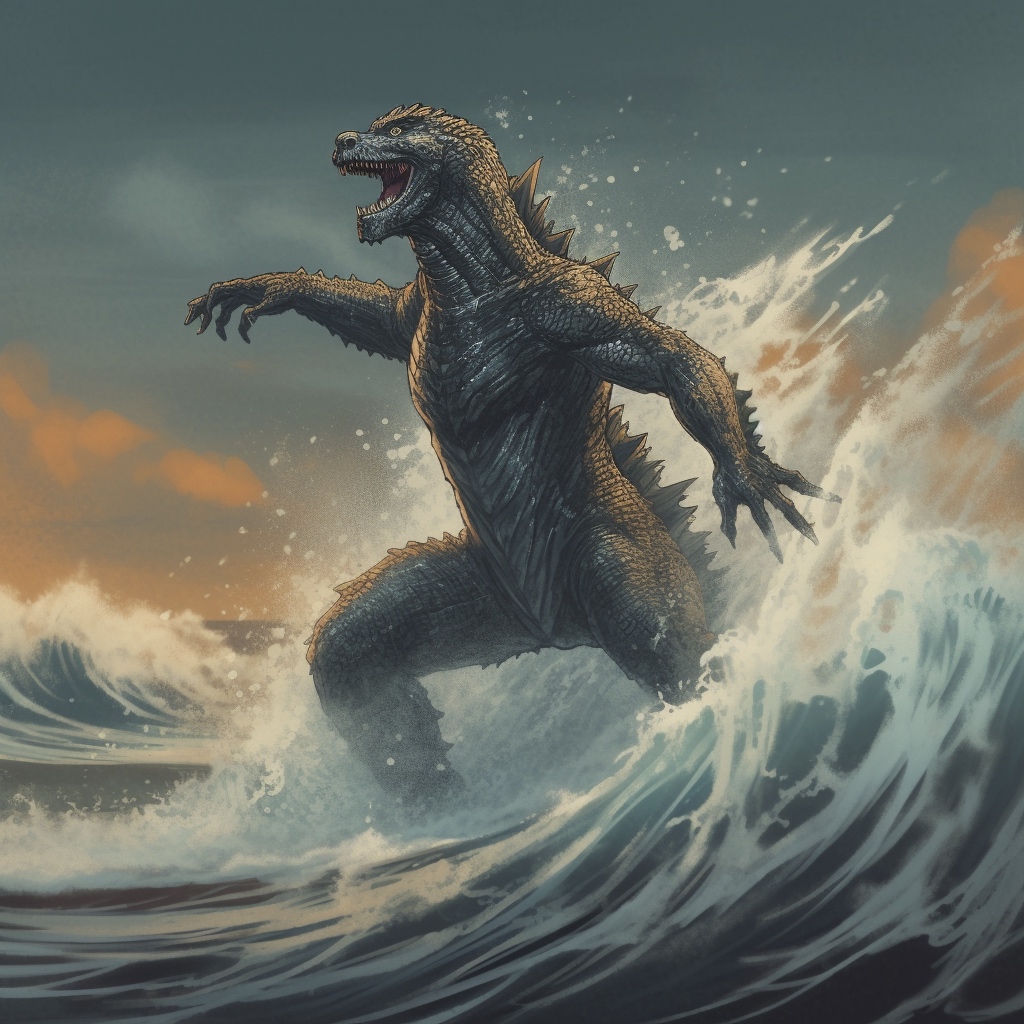 Renderman Godzilla surfing   quality 2   stylize 750   v 5 fad7212d 7598 4815 a860 1b0e2b827a5b 1