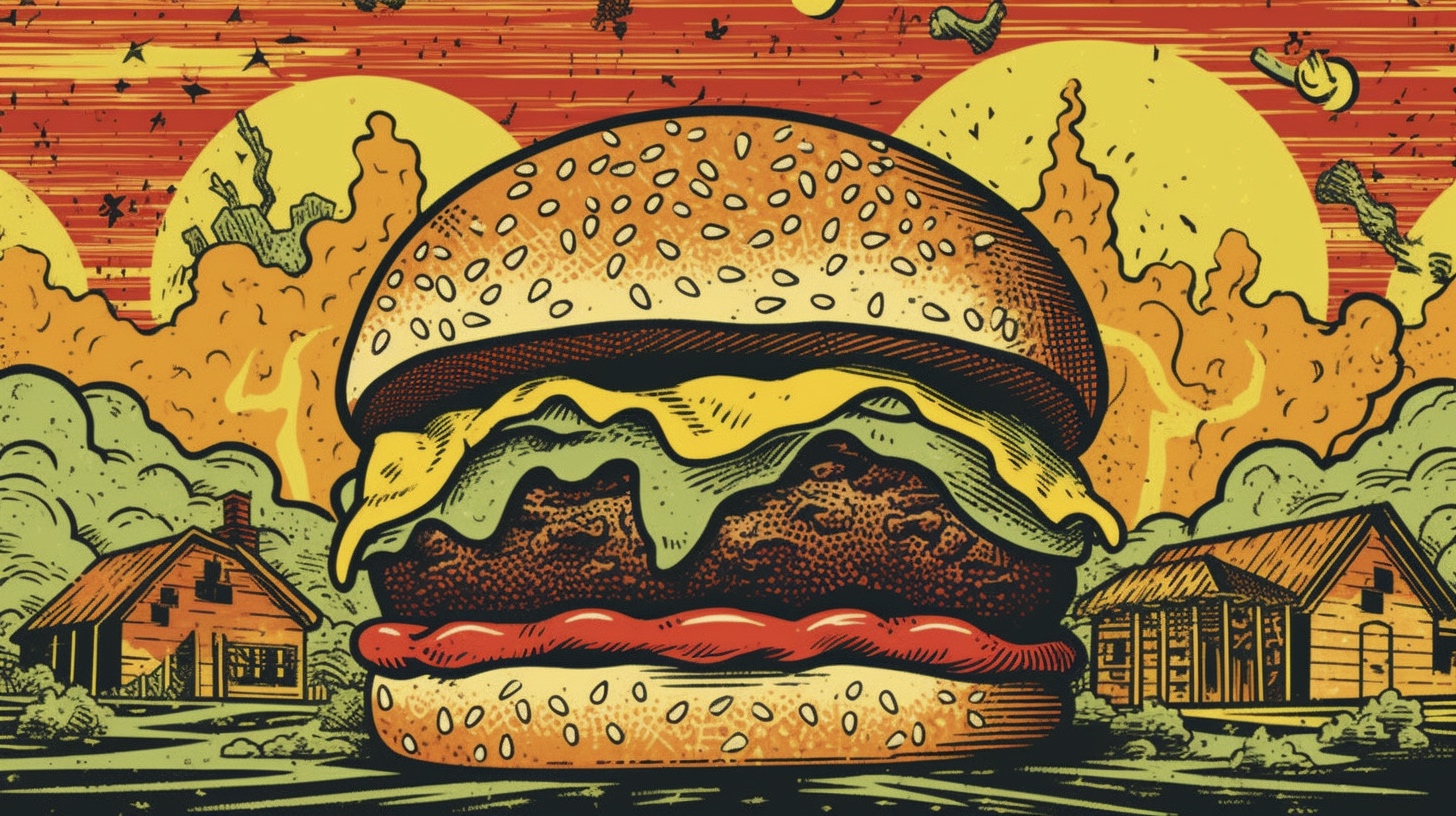 Renderman a cheeseburger  in the style of woodblock printing  3380a6d4 44d7 4438 b744 59a52027f661 1
