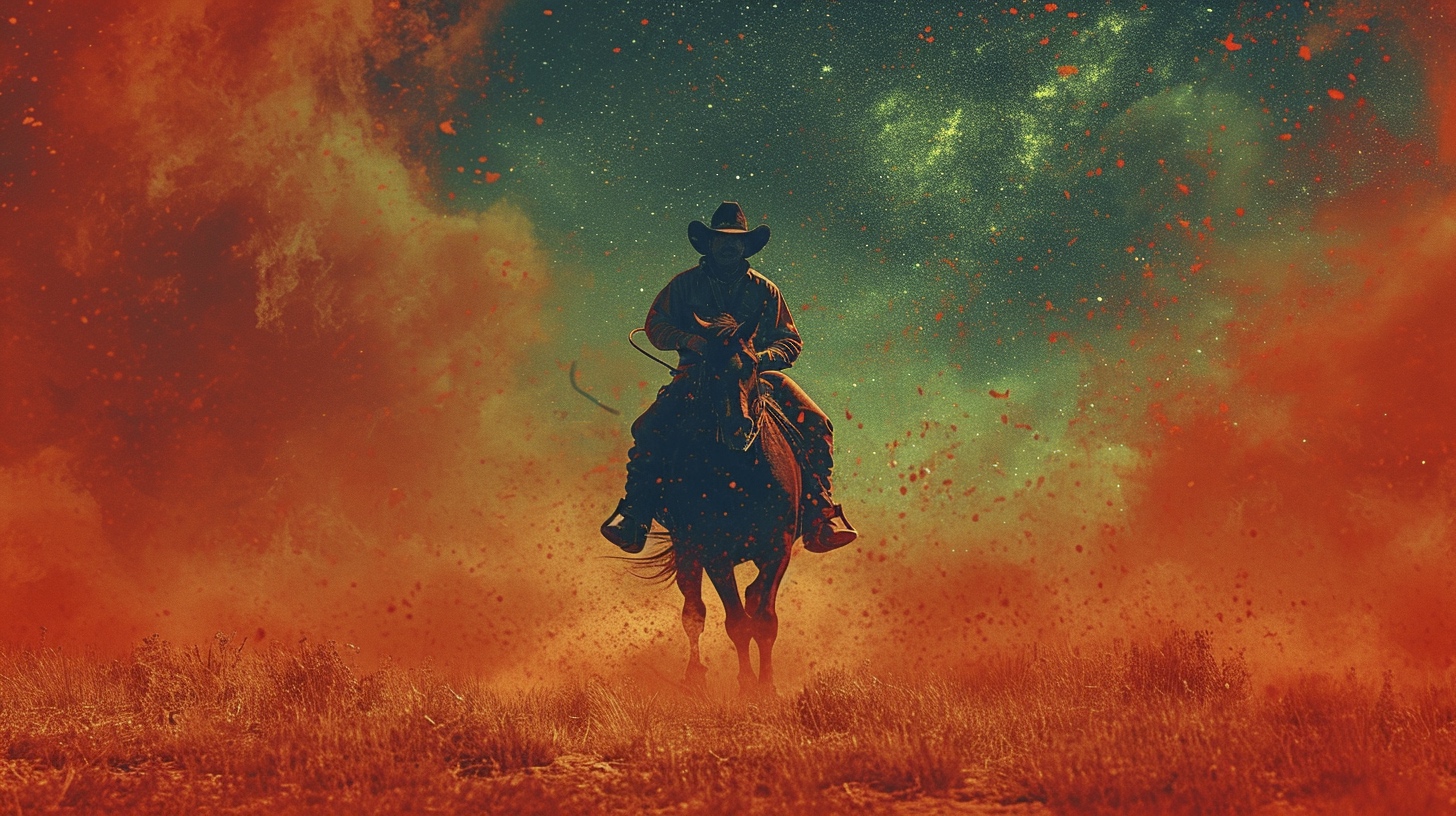 Renderman a cowboy riding a horse in the style of surrealism mi 5f456df6 db2a 49b3 9ae5 c21a9da74e67