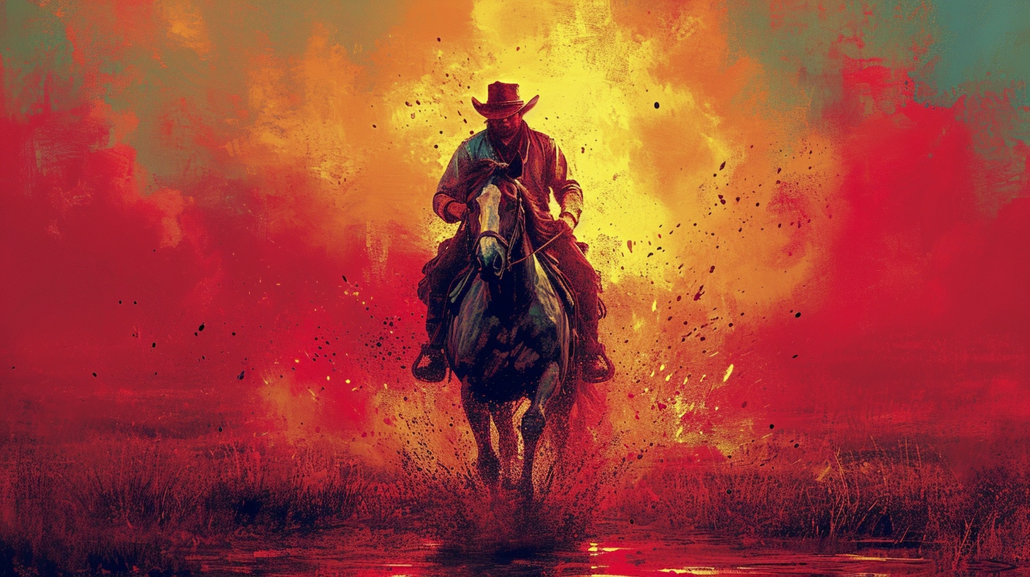 Renderman a cowboy riding a horse in the style of surrealism mi b62f9566 ecfc 488b af4b 229348edbe09