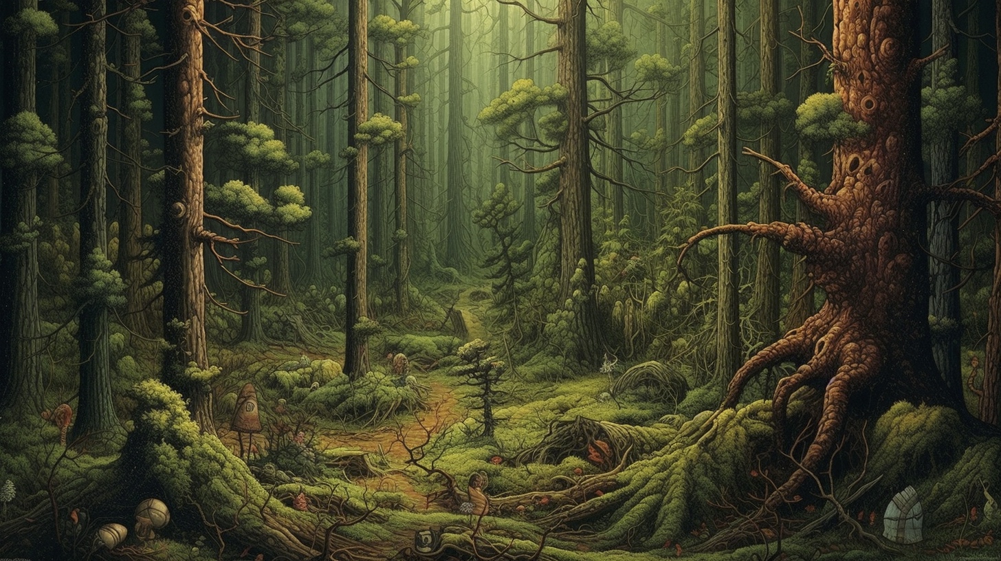 Renderman a forest  in the style of the Grasaille   ar 169   qu 67cc133c b021 4653 8003 6fa025da22d8