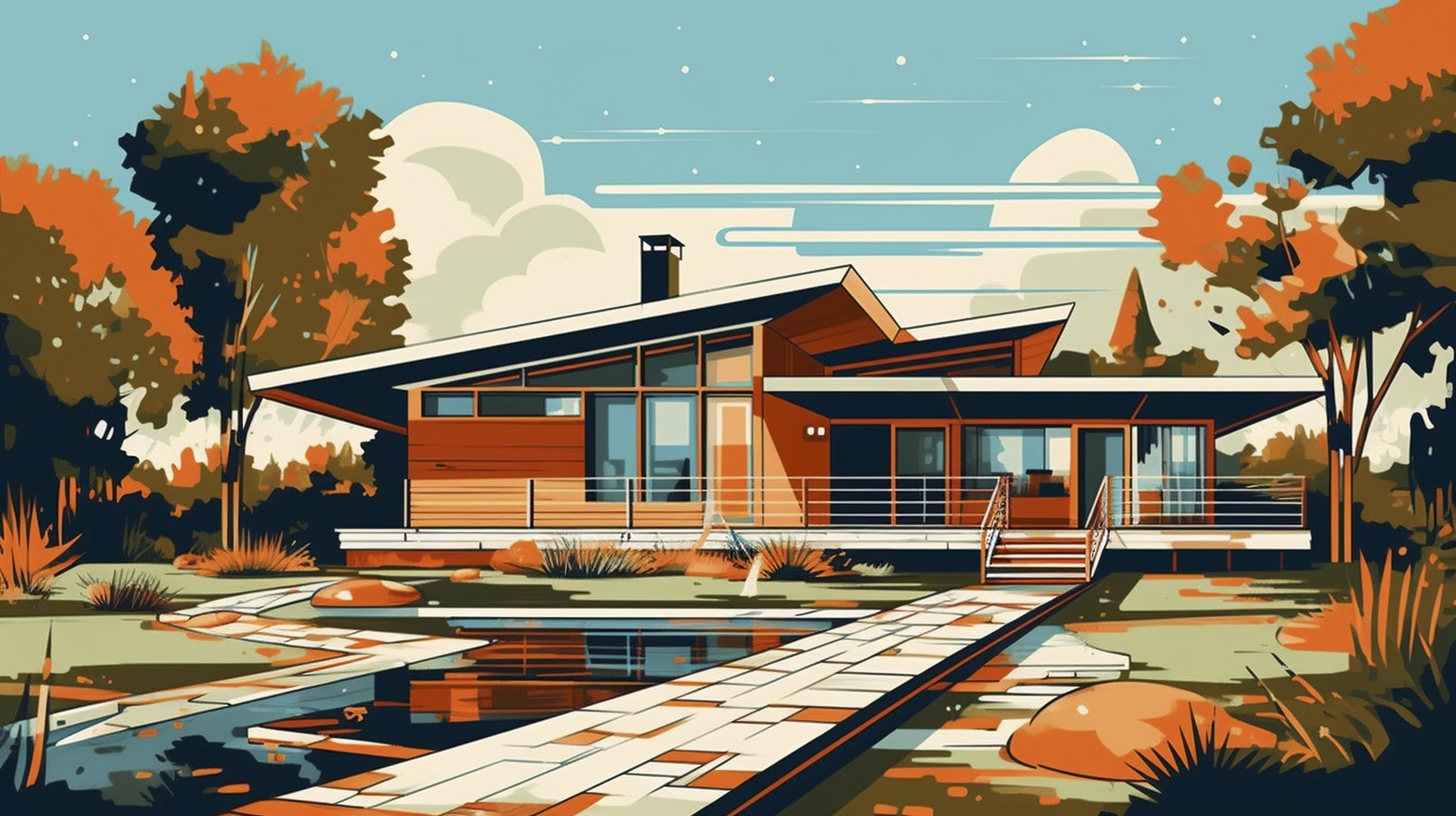 Renderman a house in the style of Midcentury Modern Illustratio 73ed8412 0187 4812 9746 04c40241f2e6