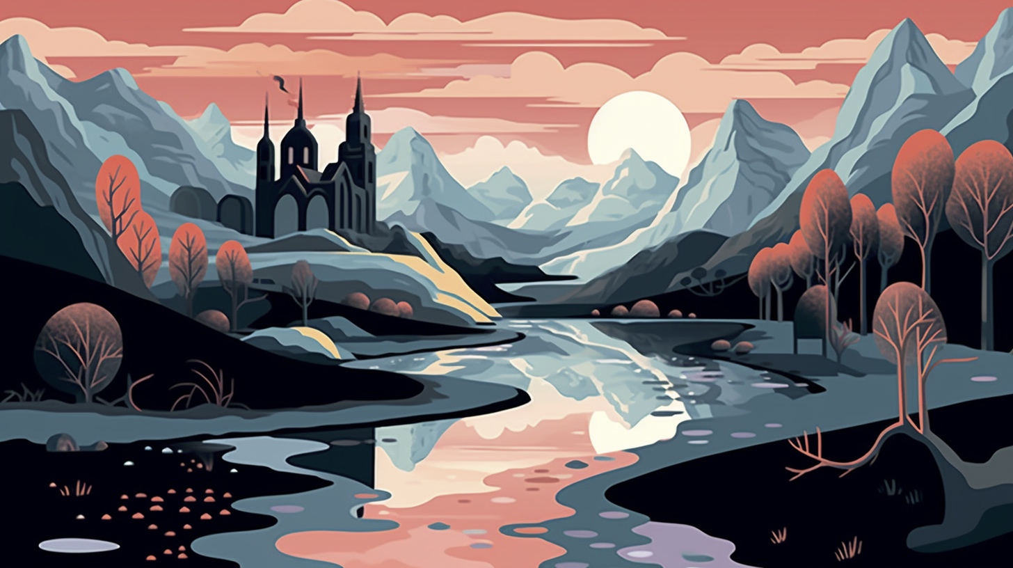 Renderman a landscape in the style of Gothic and Midcentury M de63281f cb0f 471a 88c5 3dbd39f86d29 0