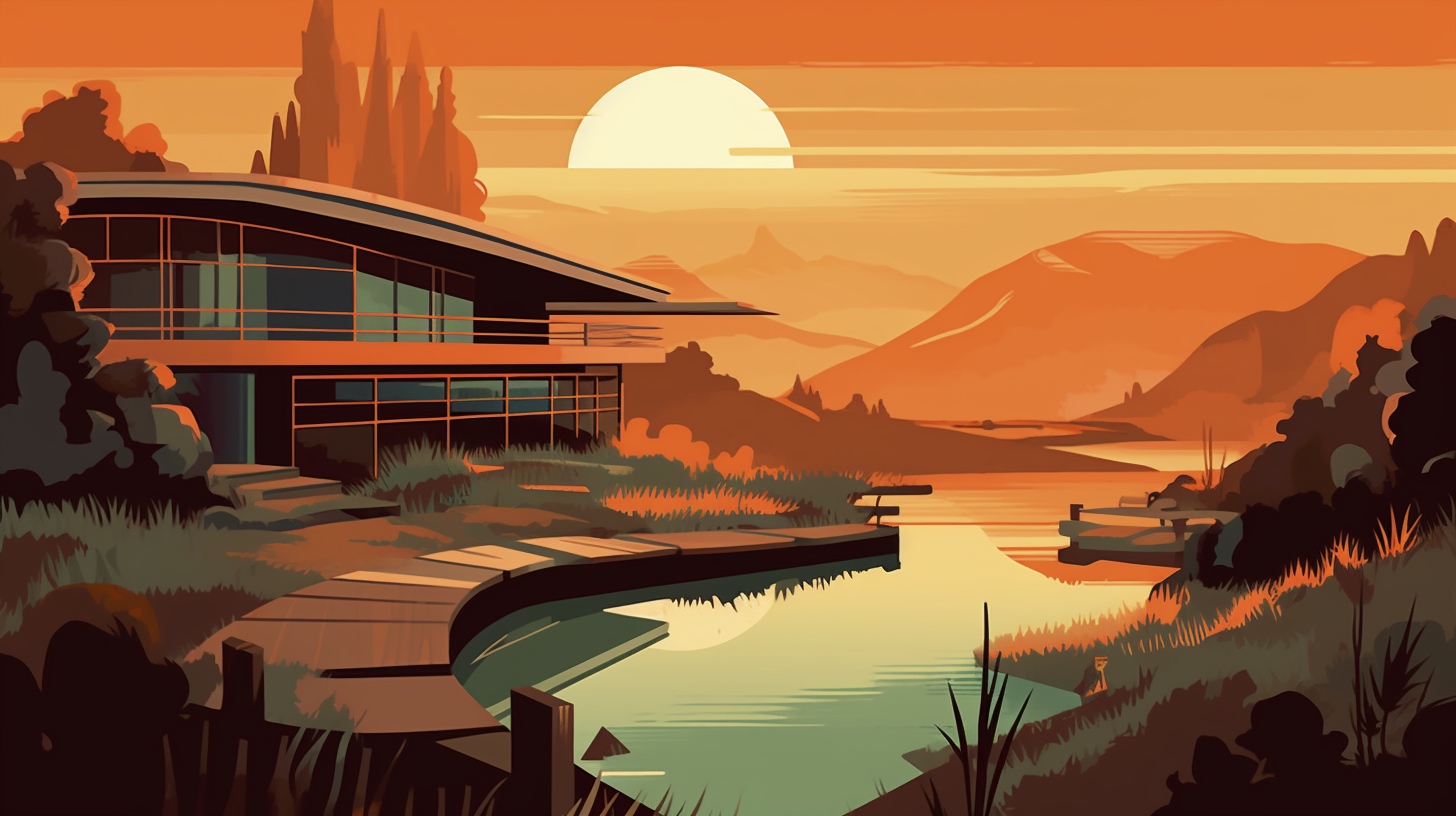 Renderman a landscape in the style of Midcentury Modern Illus 6cc3da65 1b37 44be a23a 5566cf81e3b2 0