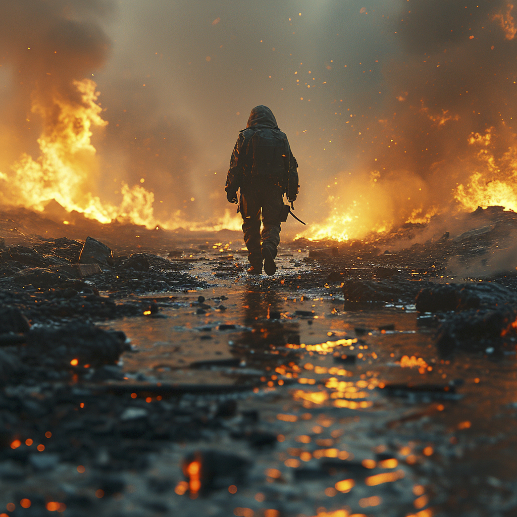 Renderman a low angle camera shot of a man walking through a bu 85398c68 5110 4248 b188 6e8a47254cfe