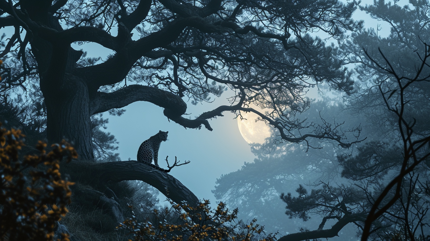 Renderman a male leopard on tree branch under the light of a  649db9c6 91db 42e6 8f21 3697f0c346bb 0