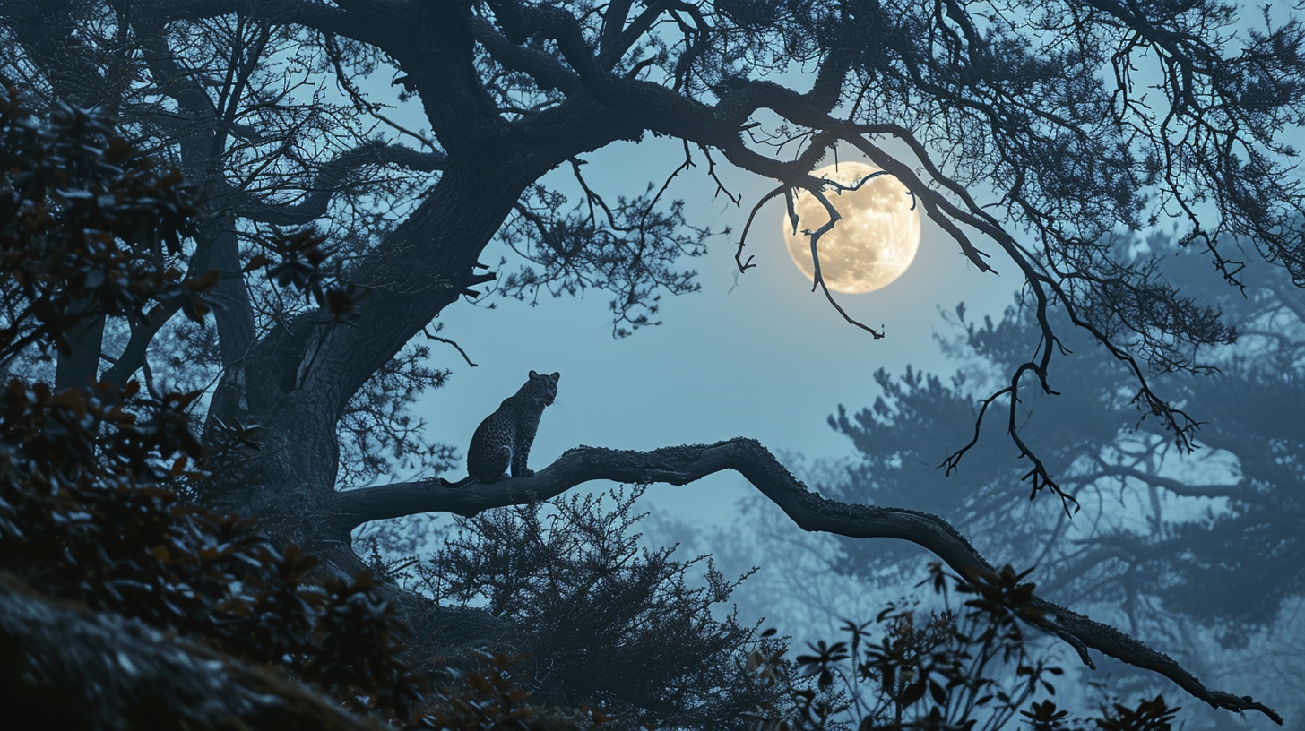 Renderman a male leopard on tree branch under the light of a  649db9c6 91db 42e6 8f21 3697f0c346bb 1
