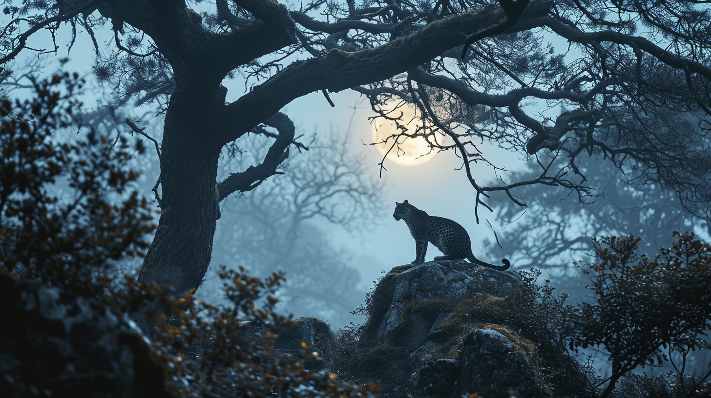 Renderman a male leopard on tree branch under the light of a  649db9c6 91db 42e6 8f21 3697f0c346bb 2