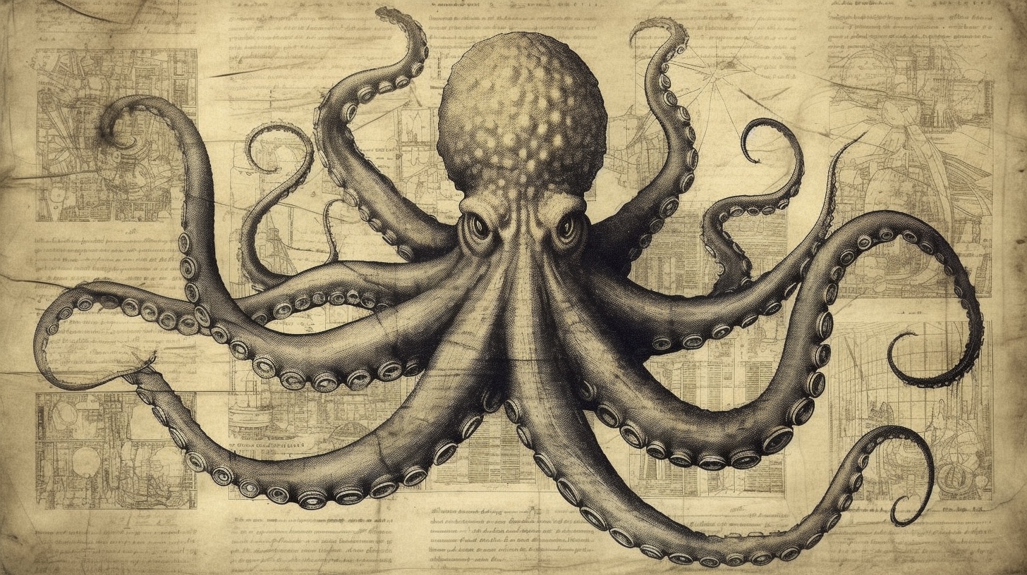 Renderman a octopus  in the style of spencerian script   ar 169 8c1989a1 5d28 4ae8 8bd4 021e7d9391bf