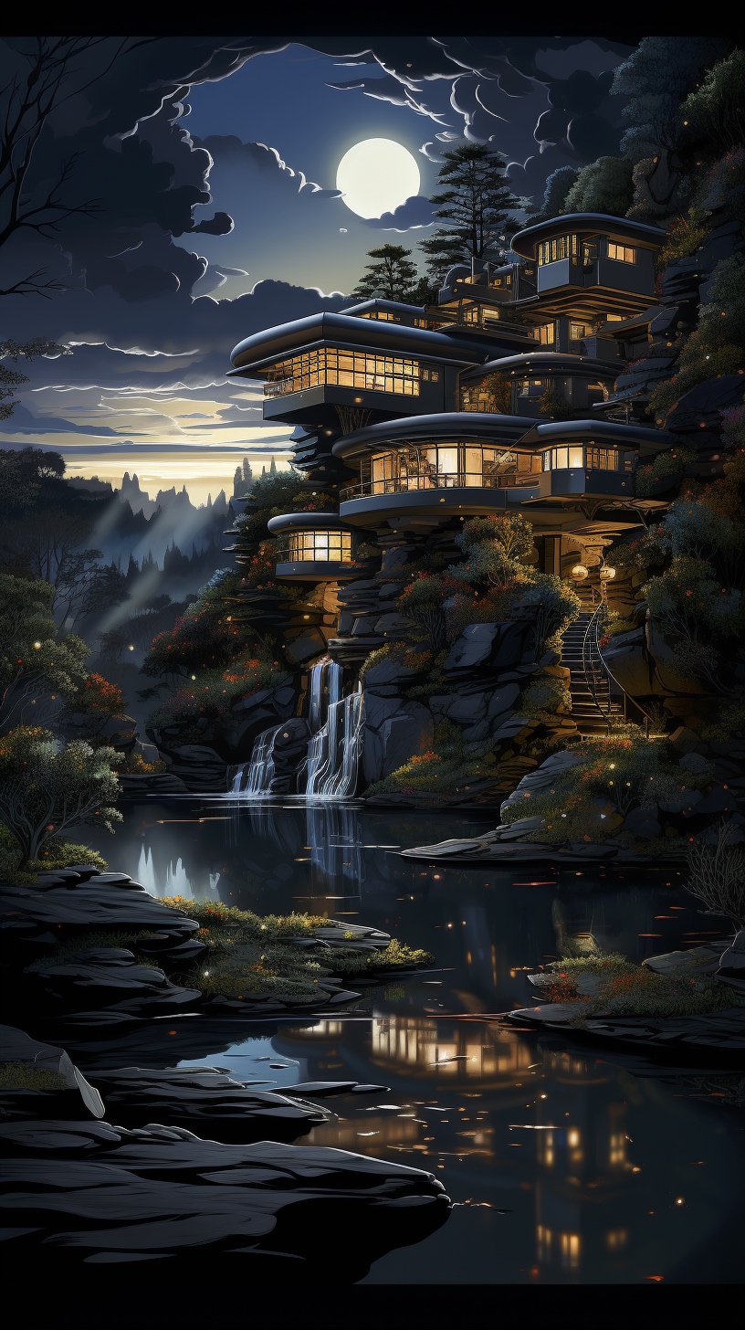 Renderman a poster of frank Lloyds Falling Water done in exqu 34dac49b 57cf 4c4e b234 adee76800021 3