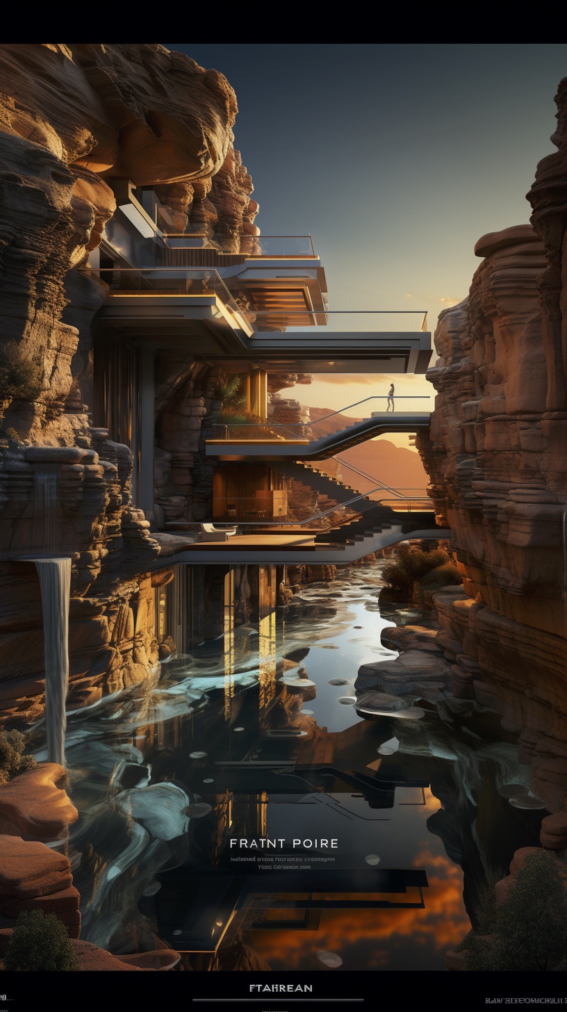 Renderman a poster of frank Lloyds Falling Water done in exqu 53cddae2 5064 4765 90cf a696f2dcacae 0