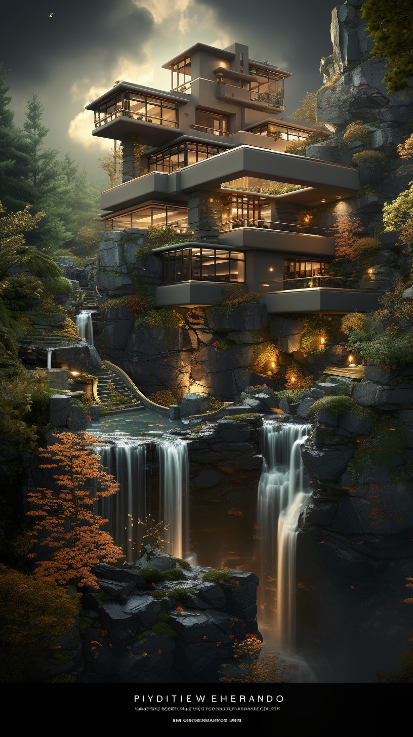 Renderman a poster of frank Lloyds Falling Water done in exqu 74a42741 c7f6 494d 84a7 556d3dbe6d30 1