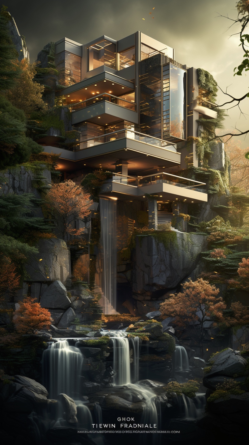 Renderman a poster of frank Lloyds Falling Water done in exqu 74a42741 c7f6 494d 84a7 556d3dbe6d30 3