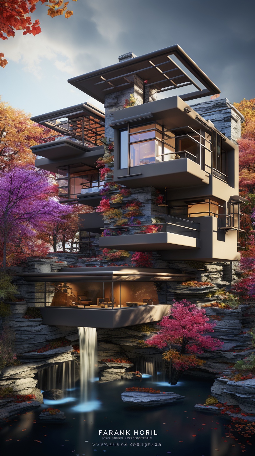 Renderman a poster of frank Lloyds Falling Water done in exqu 7612e5ff 5de3 420c bcd9 5b7899b4ac80 2