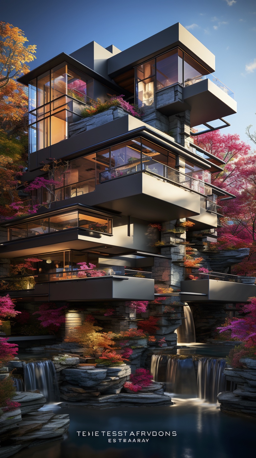 Renderman a poster of frank Lloyds Falling Water done in exqu 8e2d794a aef9 4302 a8b7 2431b1d989aa 2
